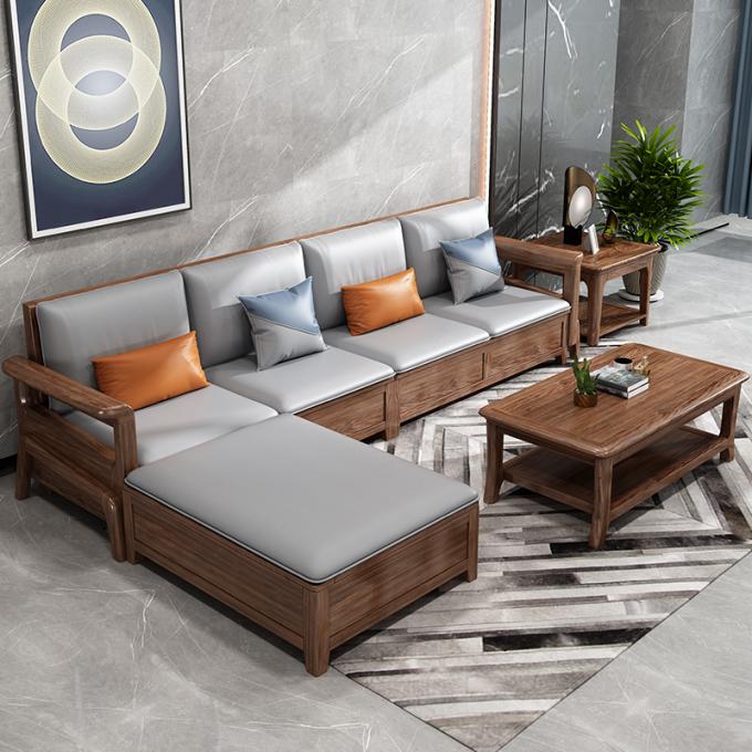 Teak Solid Wooden 7 chỗ ngồi ghế sofa Set Modular Lounge với lớp lót da 3