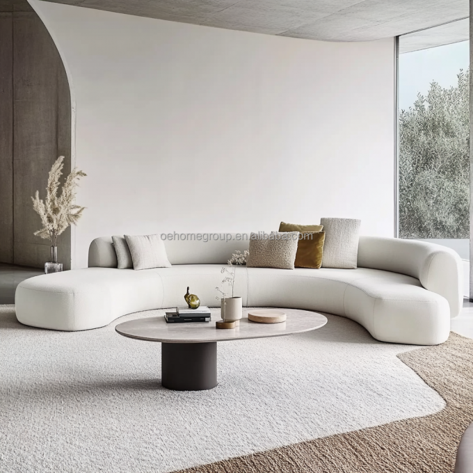 Ghế sofa tình yêu hai chỗ ngồi kiểu dáng lưng chần màu trắng với đệm vải hình tròn mặt trăng bằng gỗ, sản phẩm không thể thiếu trong khách sạn 2