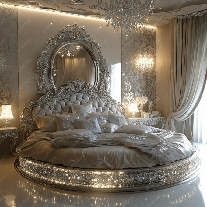 Bộ đồ nội thất gia đình có thể điều chỉnh Khung bạc Phòng ngủ Giường có gương Kích thước King Led Đồ nội thất Gương cho Phòng ngủ căn hộ 7