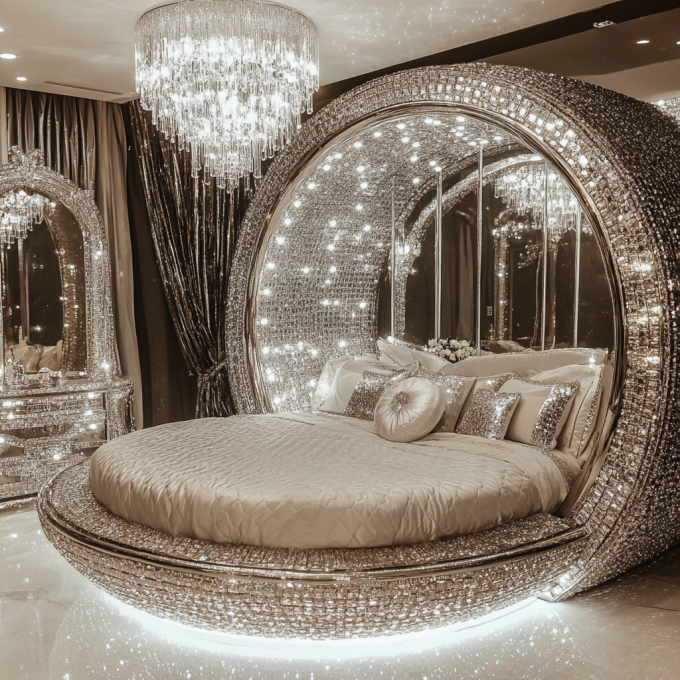 Queen Size Mirror Modern Style Bed Set Thiết bị phòng ngủ gương hiện đại với thiết kế gương mới nhất 4