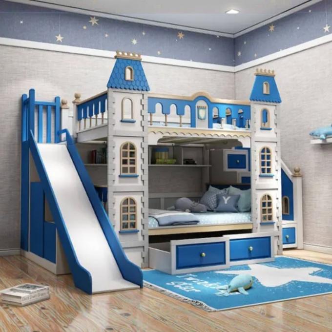 Giường tầng bằng gỗ MDF và gỗ đặc cho phòng ngủ màu xanh dương, không thể thiếu cho bé trai 3