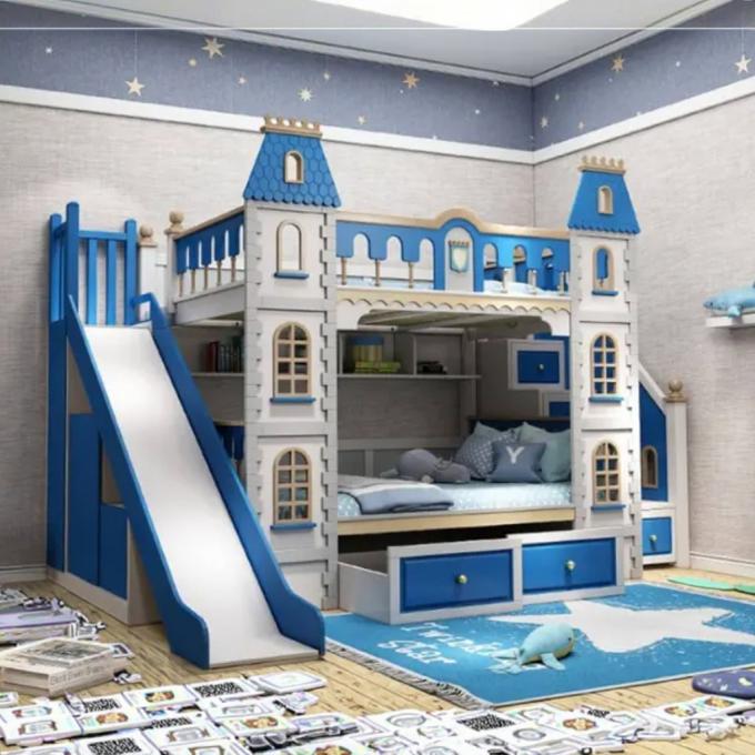 Giường tầng bằng gỗ MDF và gỗ đặc cho phòng ngủ màu xanh dương, không thể thiếu cho bé trai 4