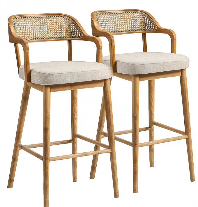 Ghế quầy bar đan trong nhà bằng mây với chân gỗ và tựa lưng mây 6