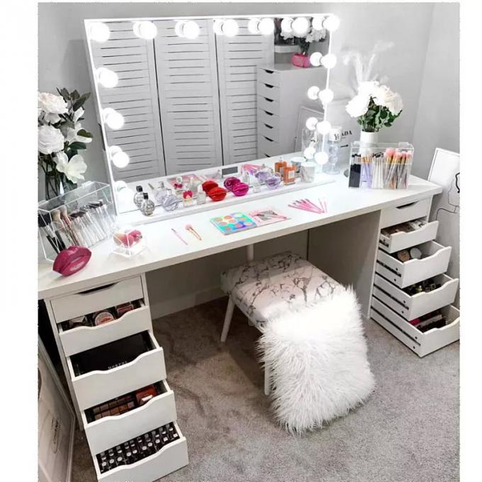 Modern Design Oak Makeup Table With Lighted Mirrored Dresser Vanity Desk And Storage (Máy trang điểm gỗ sồi hiện đại với đèn gương) 11