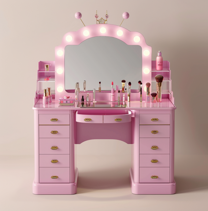 Phòng ngủ trang điểm thiết lập đèn LED chiếu sáng gương Vanity Table với ngăn kéo và kệ lưu trữ điều chỉnh màu hồng 7