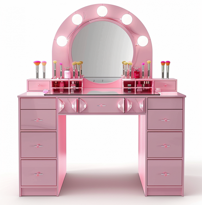 Phòng ngủ trang điểm thiết lập đèn LED chiếu sáng gương Vanity Table với ngăn kéo và kệ lưu trữ điều chỉnh màu hồng 9