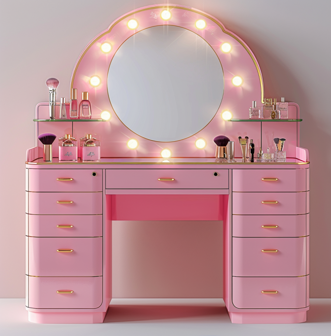 Phòng ngủ trang điểm thiết lập đèn LED chiếu sáng gương Vanity Table với ngăn kéo và kệ lưu trữ điều chỉnh màu hồng 10