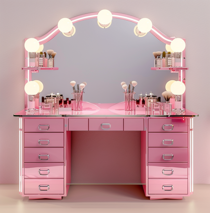 Phòng ngủ trang điểm thiết lập đèn LED chiếu sáng gương Vanity Table với ngăn kéo và kệ lưu trữ điều chỉnh màu hồng 11