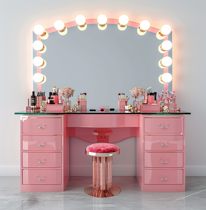 Phòng ngủ trang điểm thiết lập đèn LED chiếu sáng gương Vanity Table với ngăn kéo và kệ lưu trữ điều chỉnh màu hồng 12
