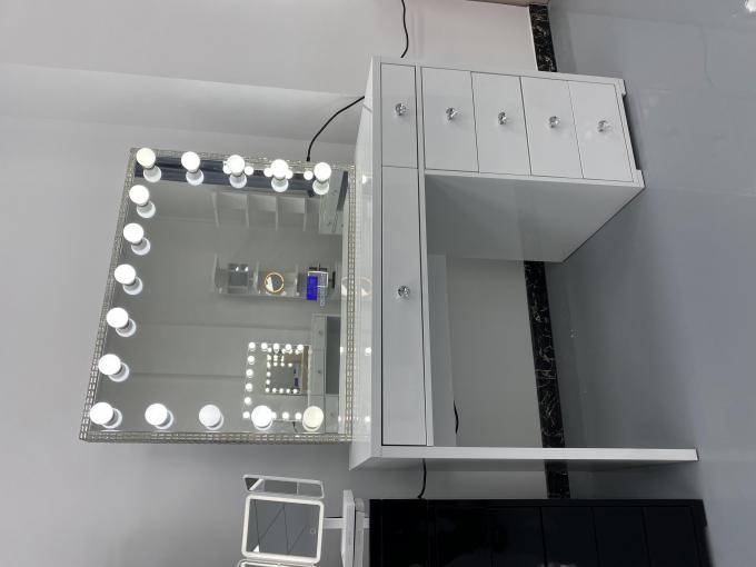 Bàn trang điểm hiện đại Y Packing có gương đèn, tủ đầu giường, bàn trang điểm, trang điểm để bàn, bộ gương LED, ngăn kéo, tủ đầu giường 9