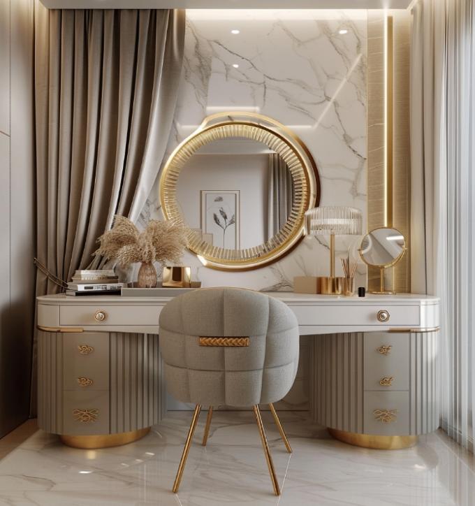 Bộ phòng ngủ hiện đại sang trọng với giường ngủ tiện dụng, bộ đồ giường với mặt trên mạ vàng và tủ trang điểm bằng gốm da cẩm thạch 5