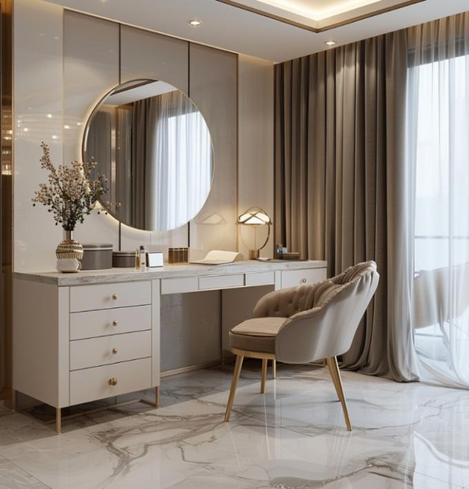 Bộ phòng ngủ hiện đại sang trọng với giường ngủ tiện dụng, bộ đồ giường với mặt trên mạ vàng và tủ trang điểm bằng gốm da cẩm thạch 6