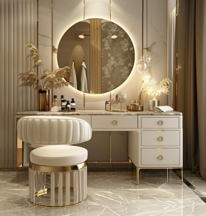 Bàn trang điểm đa năng bằng gỗ phong cách Bắc Âu hiện đại trong phòng ngủ với gương trang điểm có đèn LED và ngăn chứa đồ 2