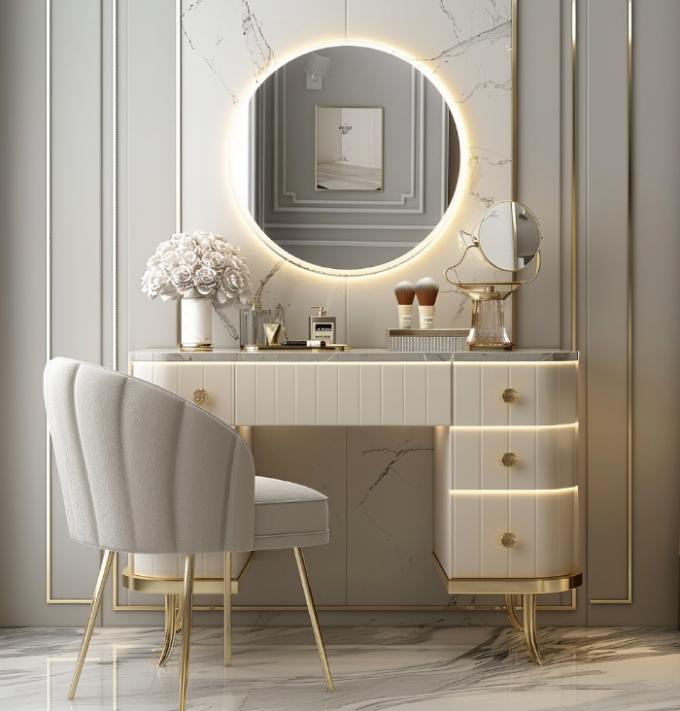 Bàn trang điểm đa năng bằng gỗ phong cách Bắc Âu hiện đại trong phòng ngủ với gương trang điểm có đèn LED và ngăn chứa đồ 6