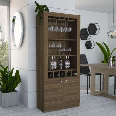 Tủ rượu vang góc quán bar công nghiệp với kệ gỗ thiết kế gắn tường
