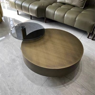 Kính đậm chất vàng kim loại bàn cà phê tròn hình trống đương đại
