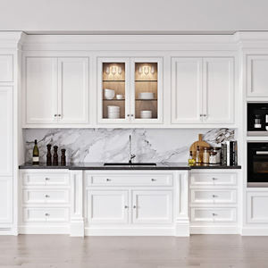 Tủ bếp gỗ dán màu kem với bề mặt PVC melamine