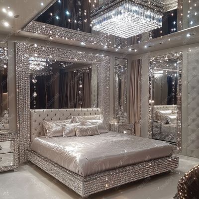 Thiết kế nội thất phòng ngủ mới nhất Giường bọc nệm pha lê kim cương sang trọng cỡ King/Queen có gương cho khách sạn và biệt thự
