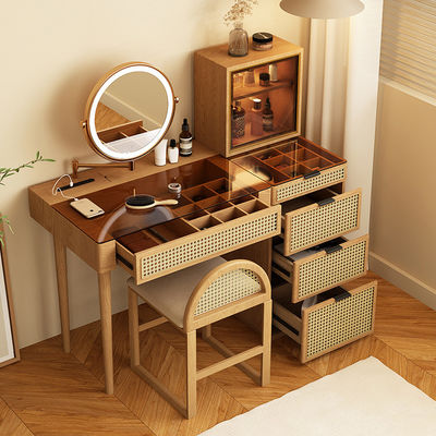 Solid Wood Corner Makeup Vanity Set Bàn thay đồ Lớp gương quay