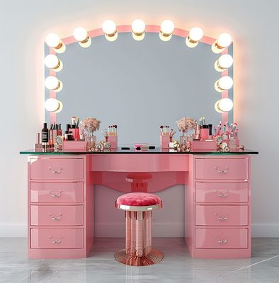 Phòng ngủ trang điểm thiết lập đèn LED chiếu sáng gương Vanity Table với ngăn kéo và kệ lưu trữ điều chỉnh màu hồng